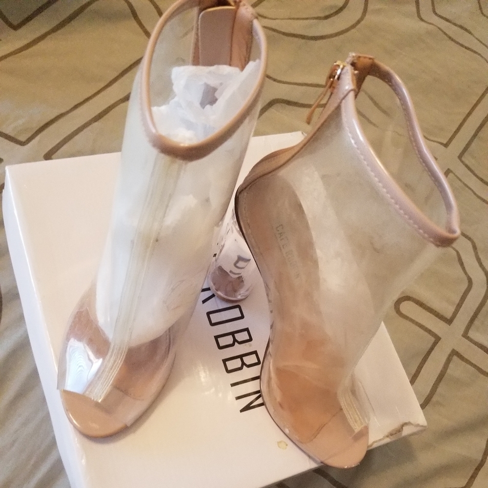 Used transparent clear chunky heel booties